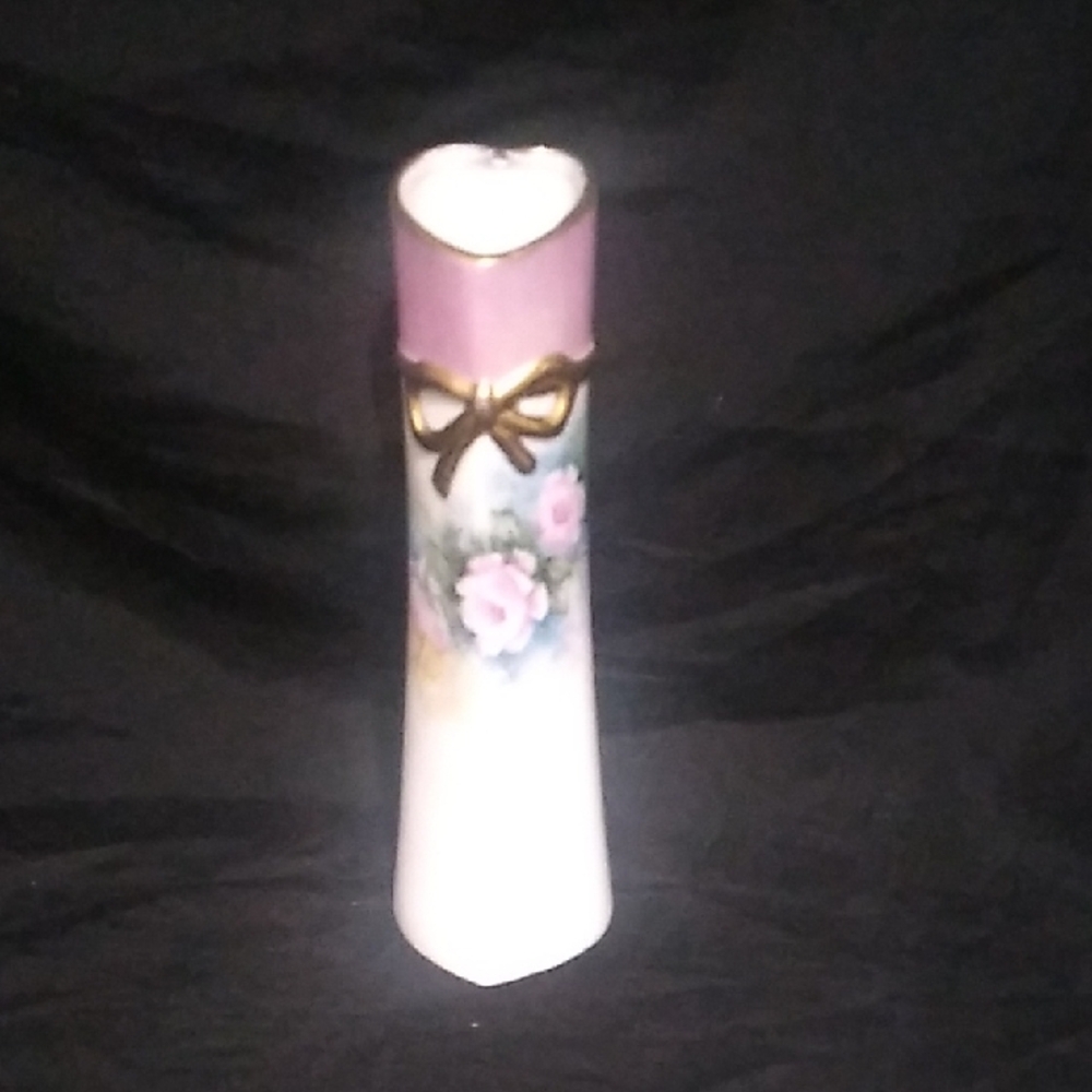 Vintage Art Deco Heart Shaped Hand-Painted Pink Floral Ceramic Bud Vase (B3)